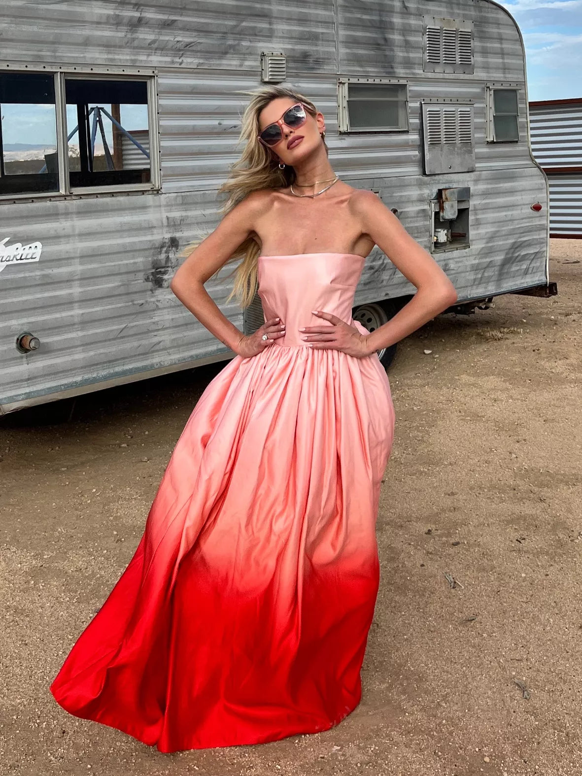 SAU Teigen Blush Red Ombre Strapless Gown Maxi Dress