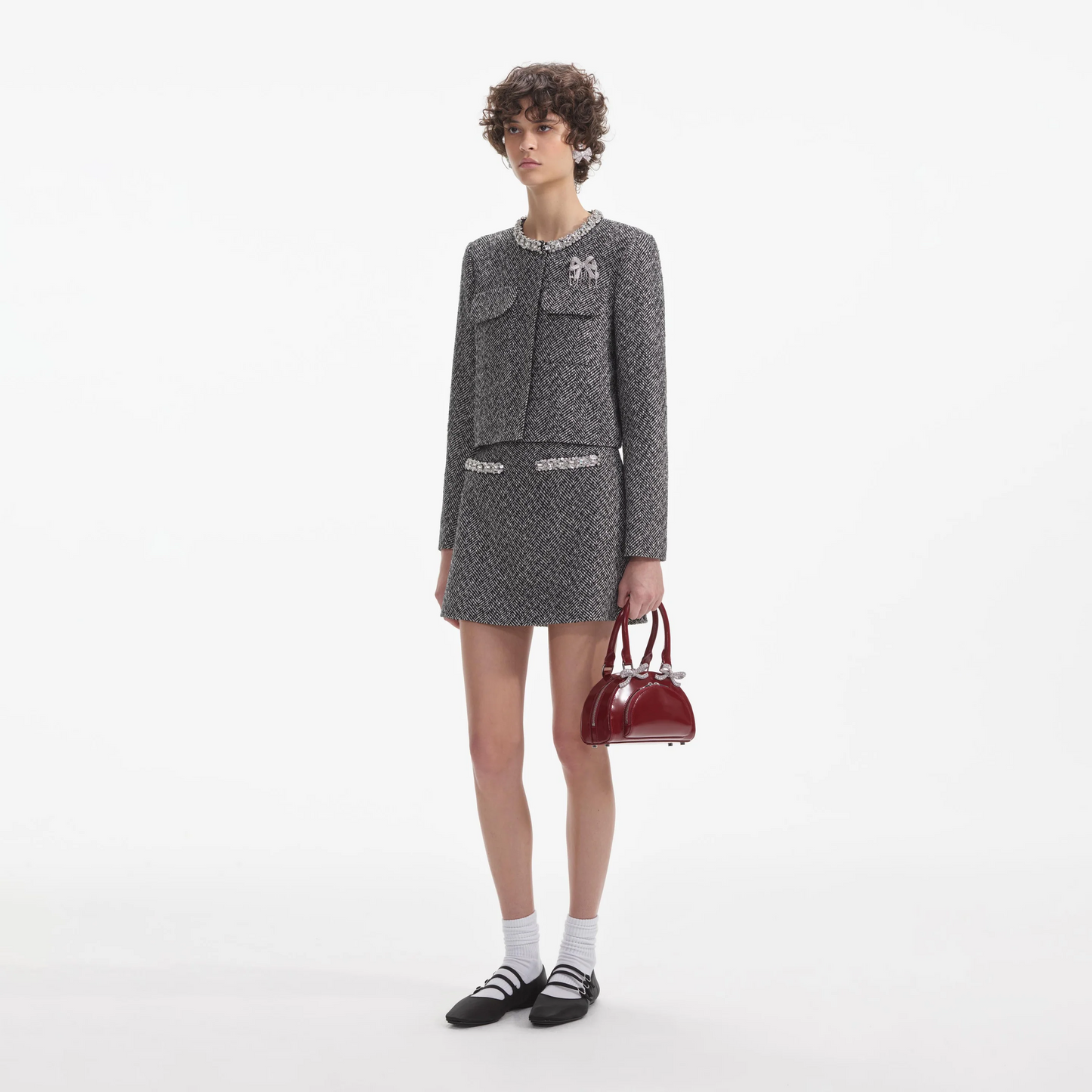 SP Black Herringbone Embellished Jacket | Mini Skirt | Set