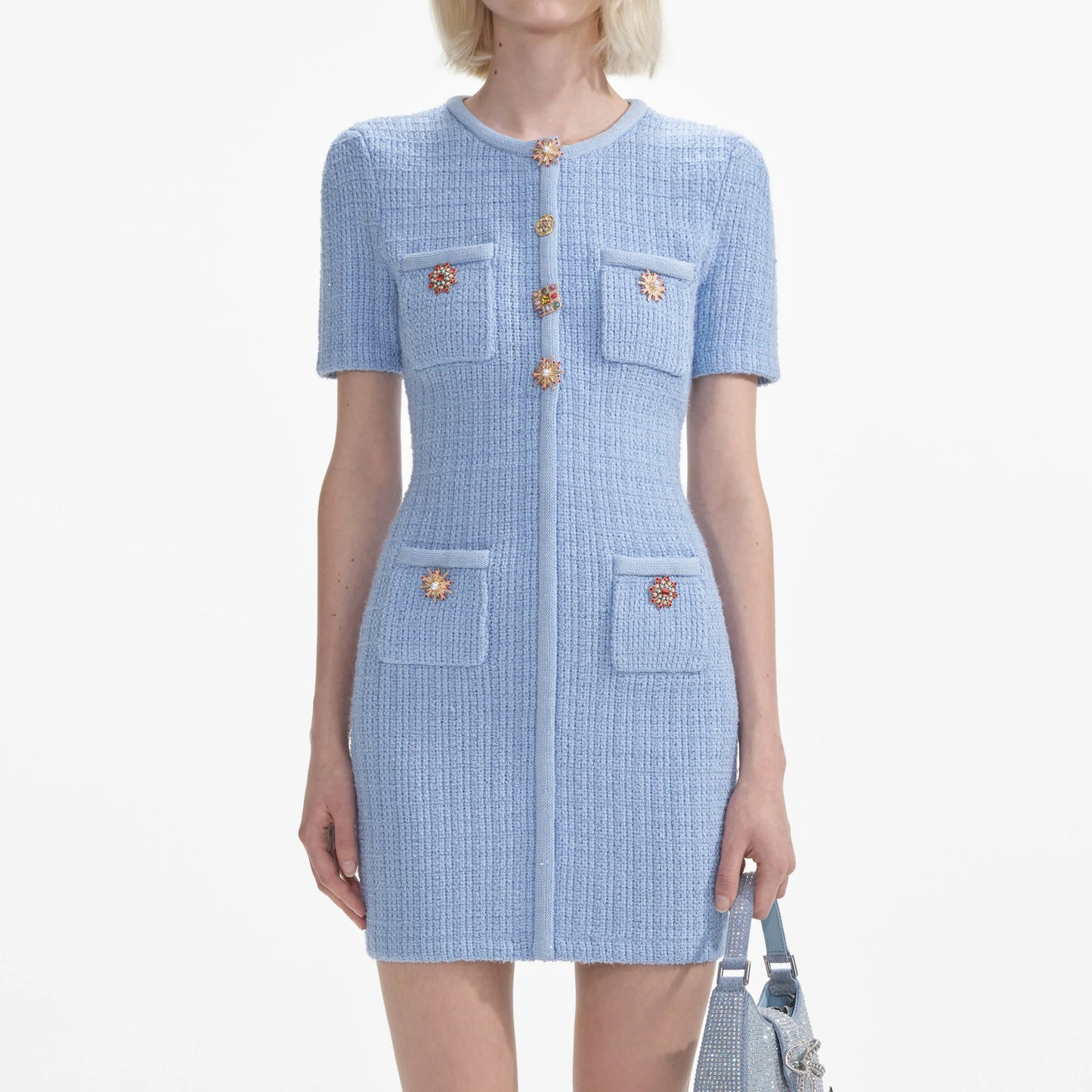 SP Jewel Button Knit Mini Dress in Black & Blue