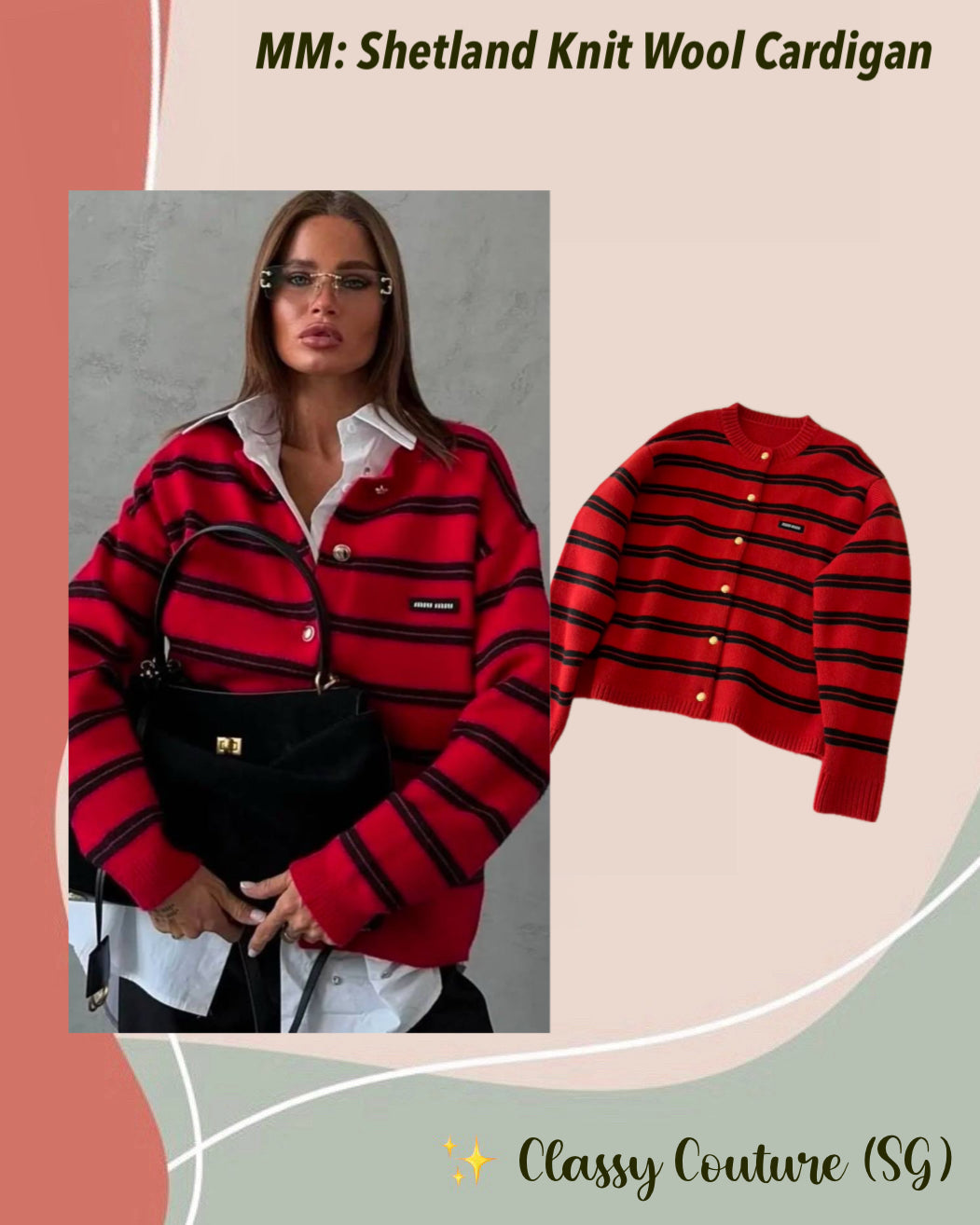MM Shetland Knit Wool Cardigan in Red/Black Stripe