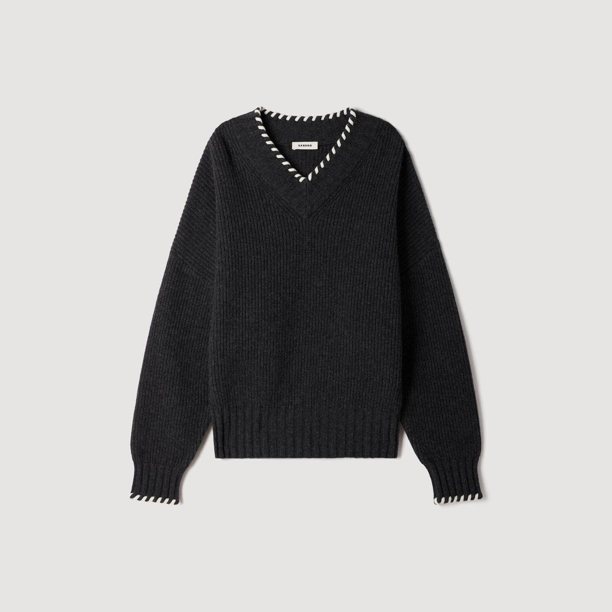 Grey Braided V-Neck Wool-blend Jumper Sweater