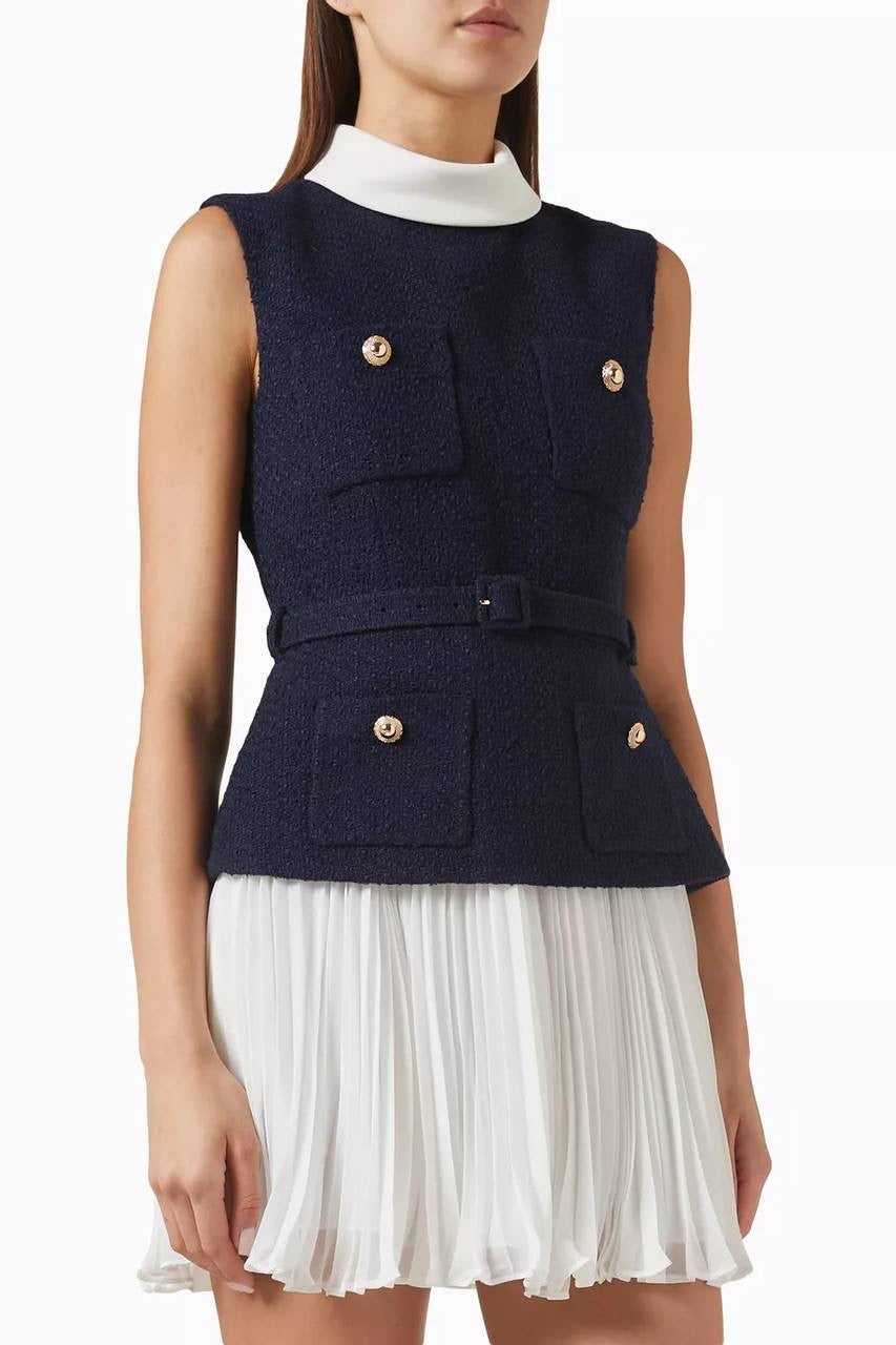 SP Navy Boucle & Chiffon Pleated Sleeveless Woven Mini Dress