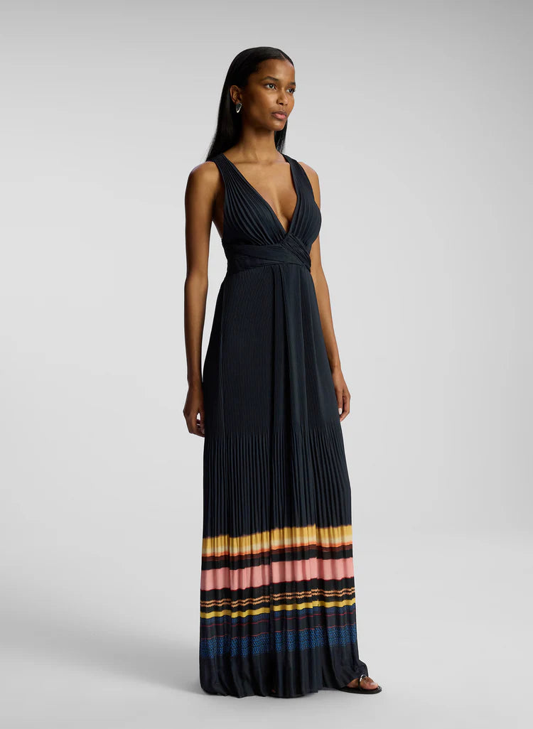ALC Everly Pleated Maxi Gown Dress in Navy Stripe