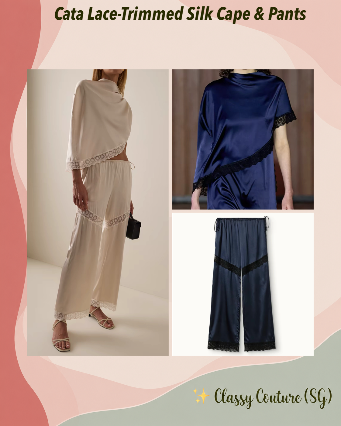 Cata Lace-Trimmed Silk Cape Top | Wide Leg Pants | Set