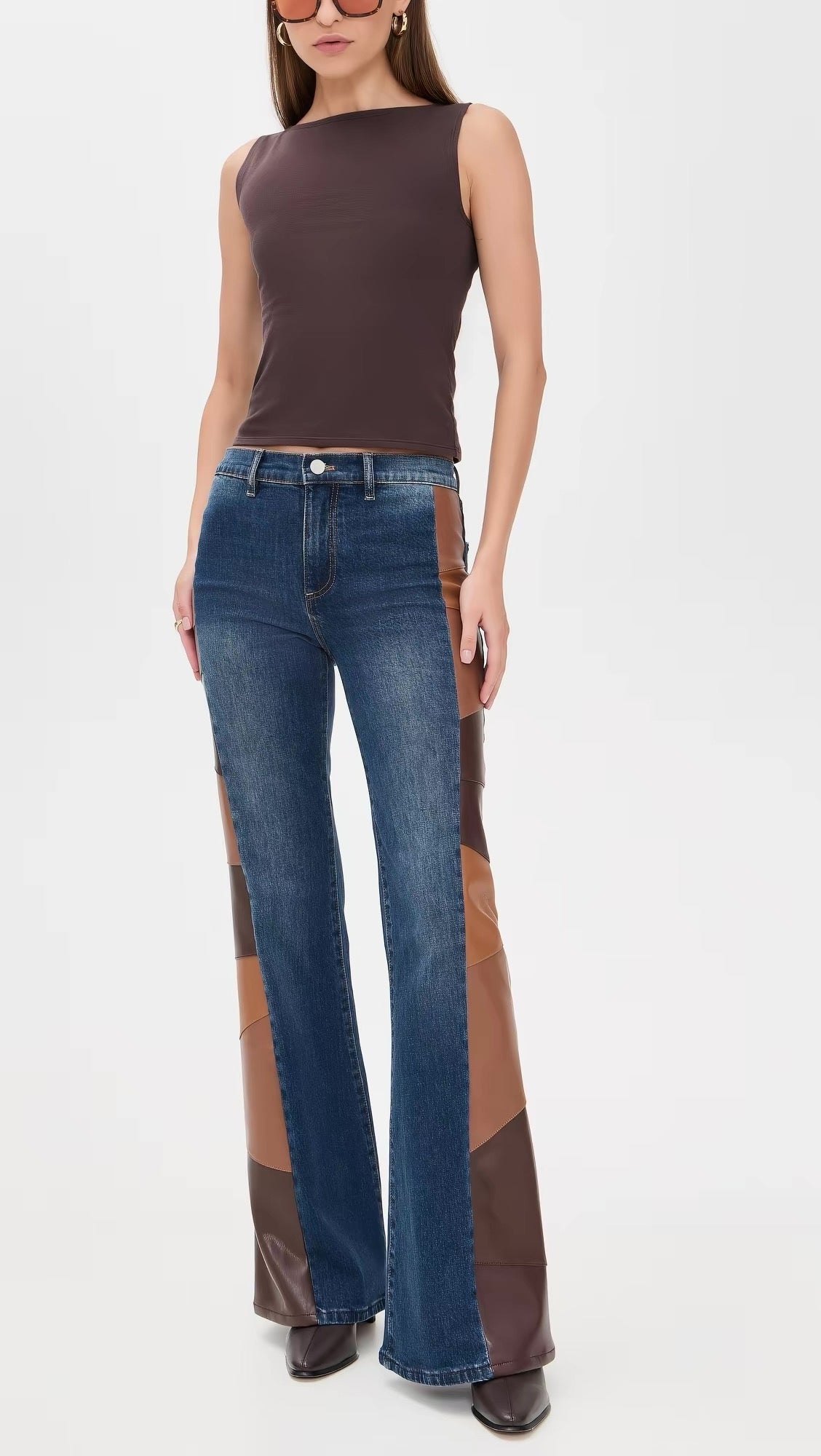 2 Styles! AO SB Vegan Faux-Leather Cutout Jeans in Patchwork Flare & Brown