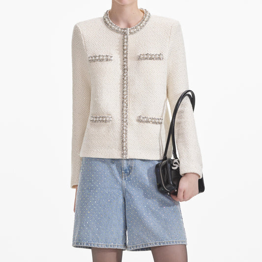 SP Cream Textured Knit Embellished Cardigan