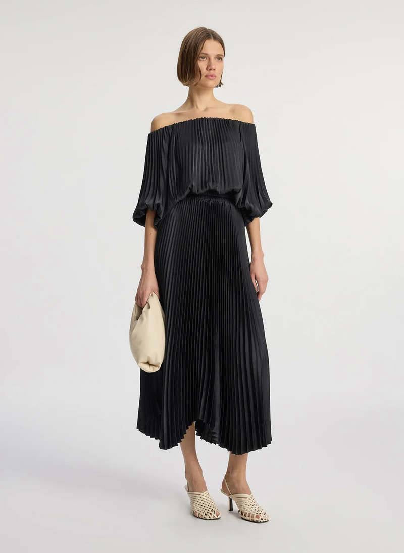 ALC Sienna Satin Pleated Off-Shoulder Midi Dress