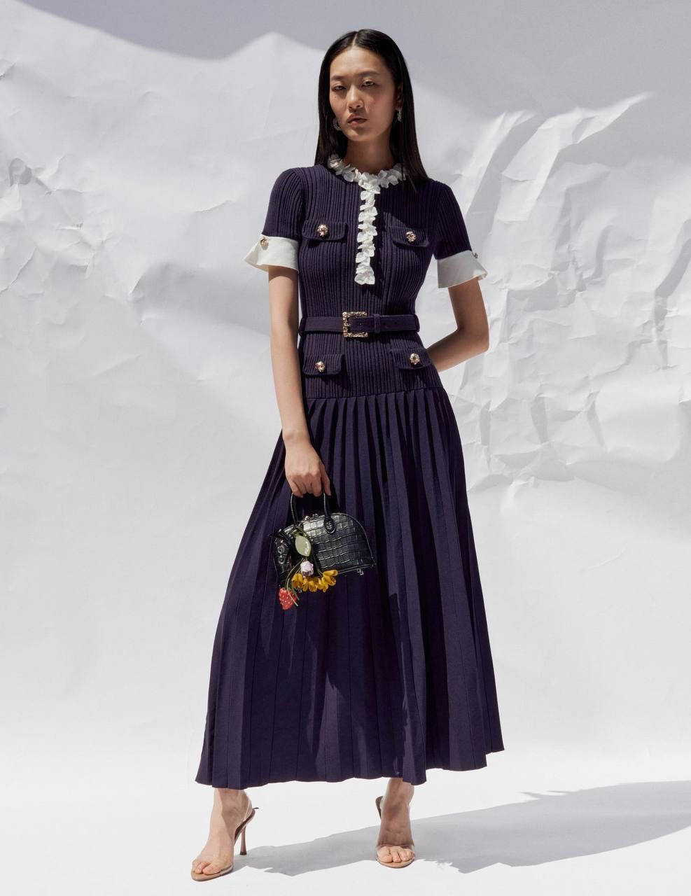 SP Navy Rib Knit Contrast Frill Midi Dress