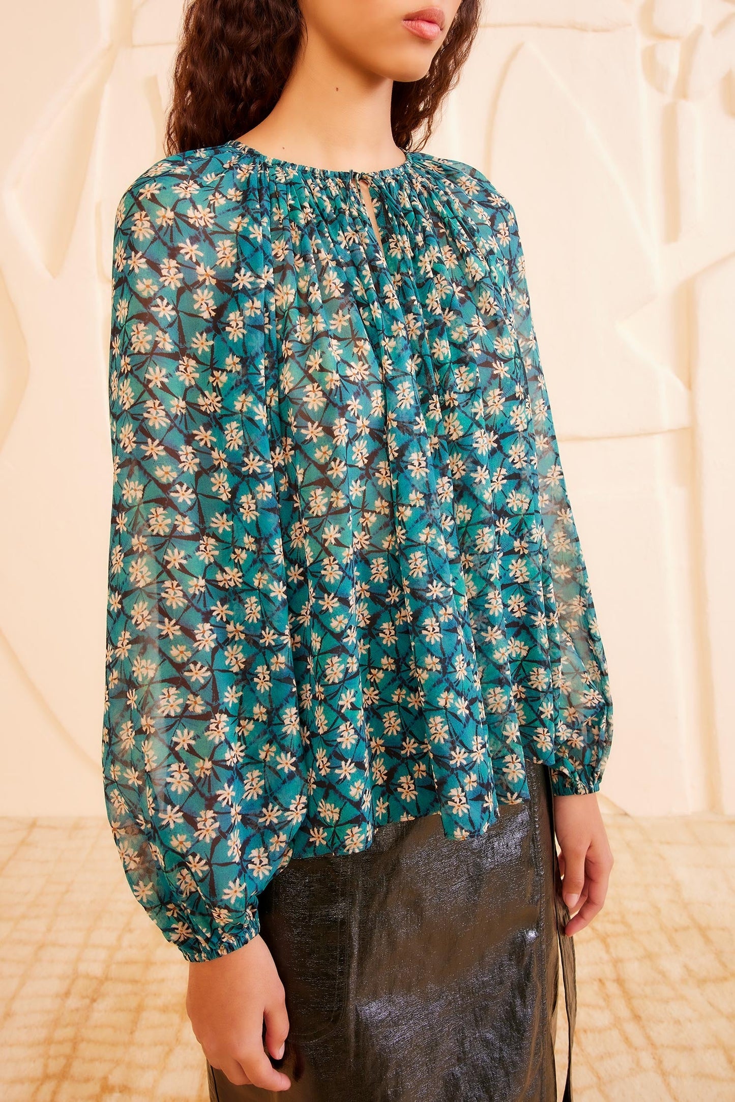 UJ Safa Long Sleeve Silk Blouse Top with Tie