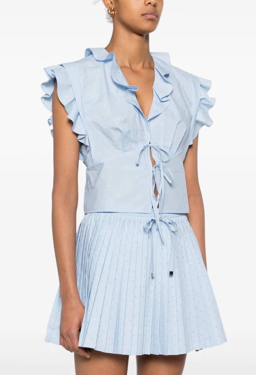 SD Azur Rhinestone Embellished Ruffle Crop Top | Stellie Pleated Mini Skirt | Cotton-blend Set