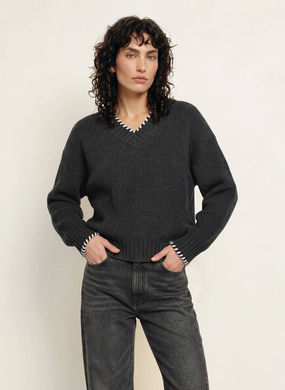 Grey Braided V-Neck Wool-blend Jumper Sweater
