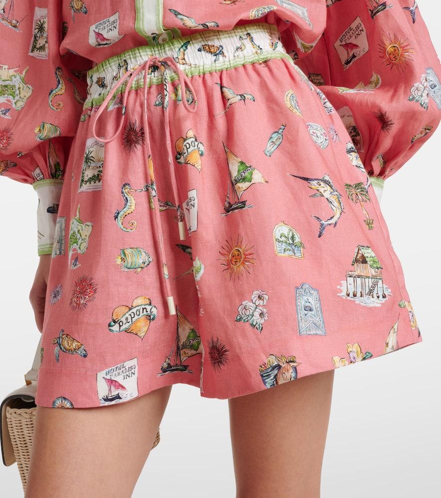 ALM Printed Linen Sea Life Shirt | Shorts | Green & Coral Pink Set