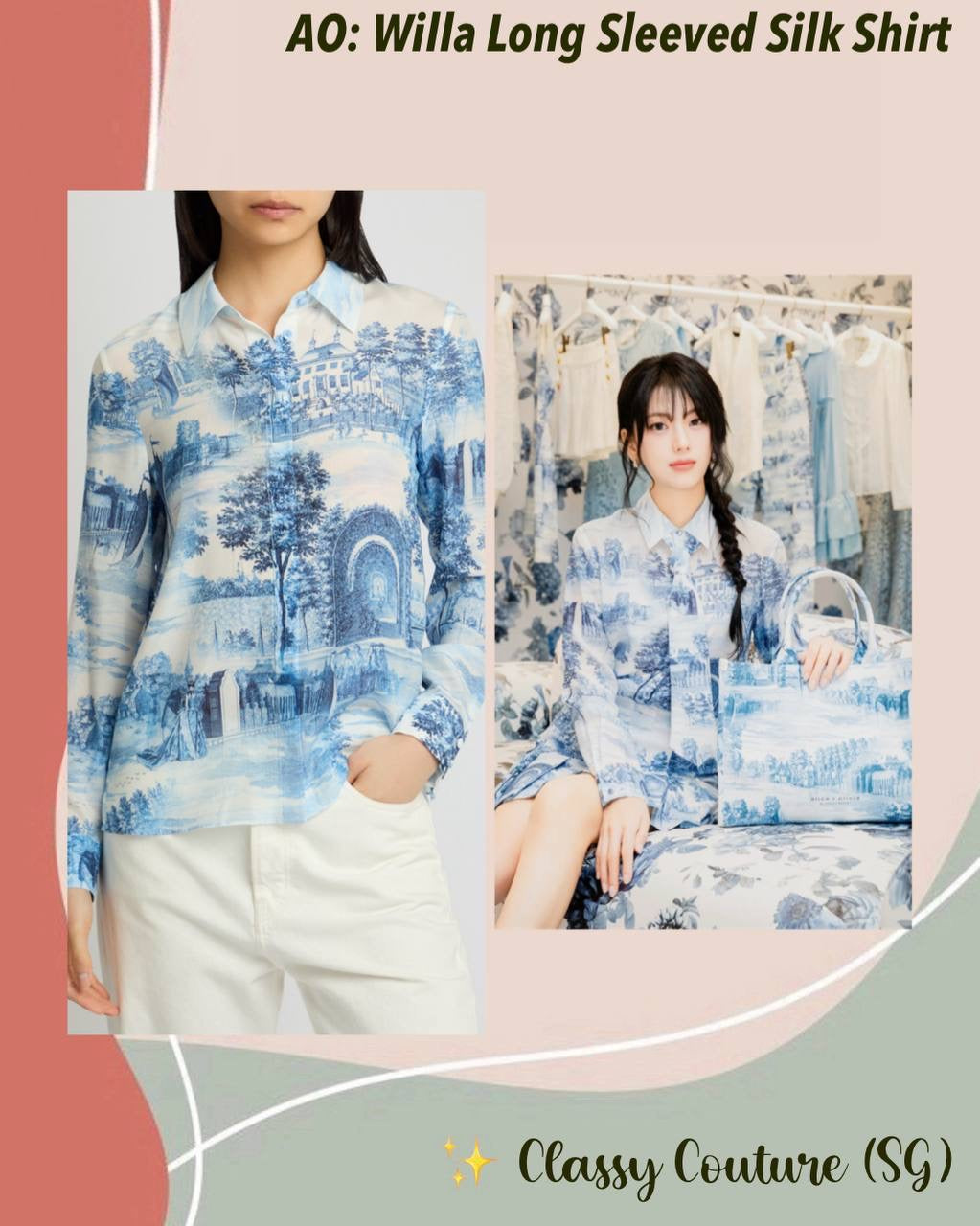 AO Willa Long Sleeved Silk Blouse Shirt in Chateau Blue