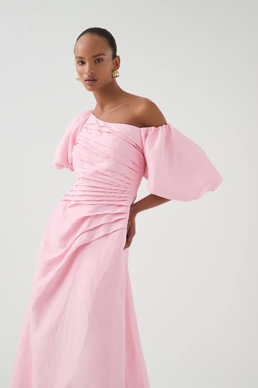 AJ Cadence Viscose-Linen Ruched Midi Dress