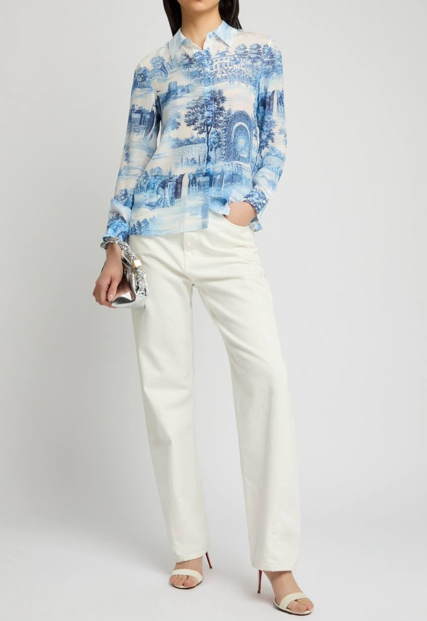 AO Willa Long Sleeved Silk Blouse Shirt in Chateau Blue