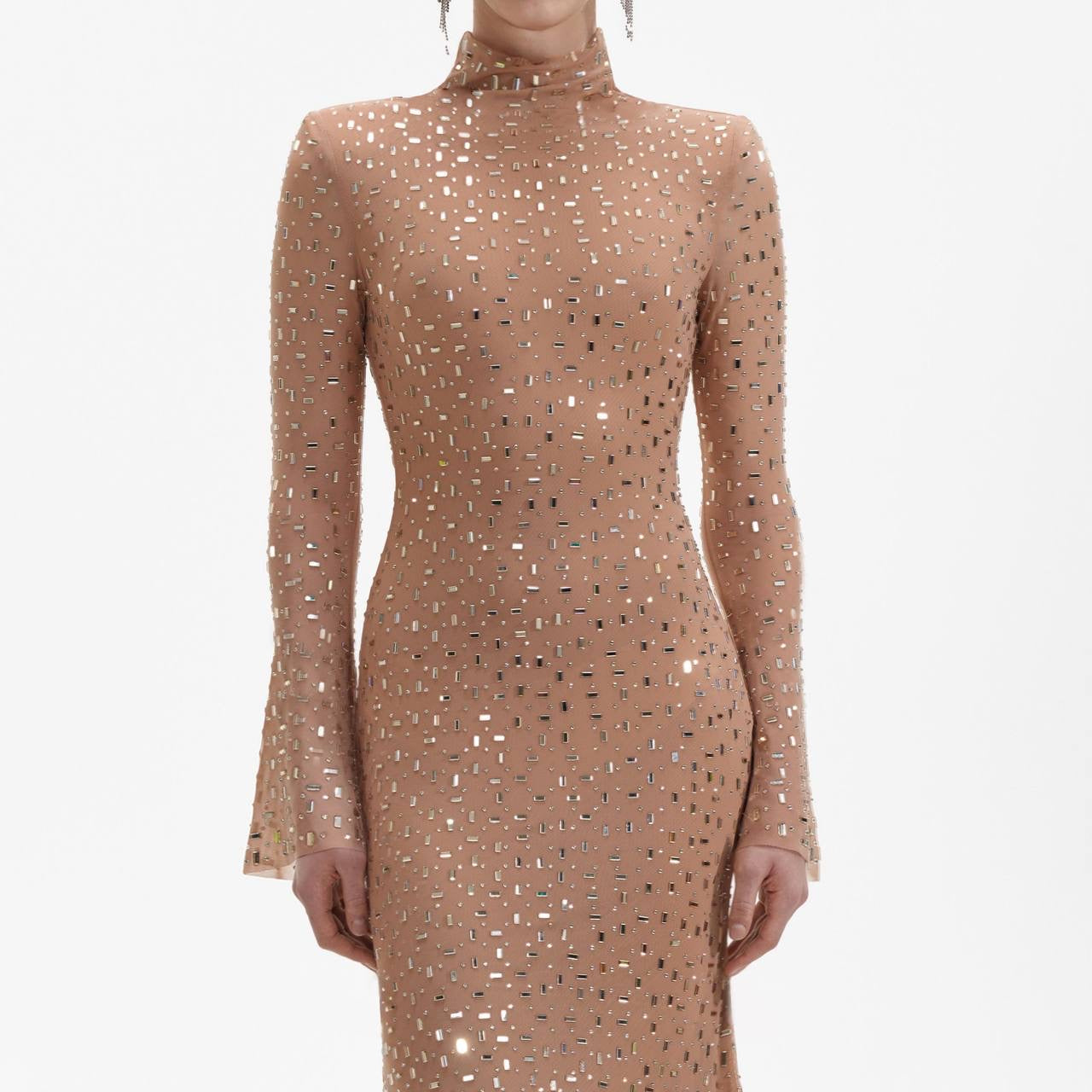 SP Gold Square Rhinestone Mesh Midi Dress