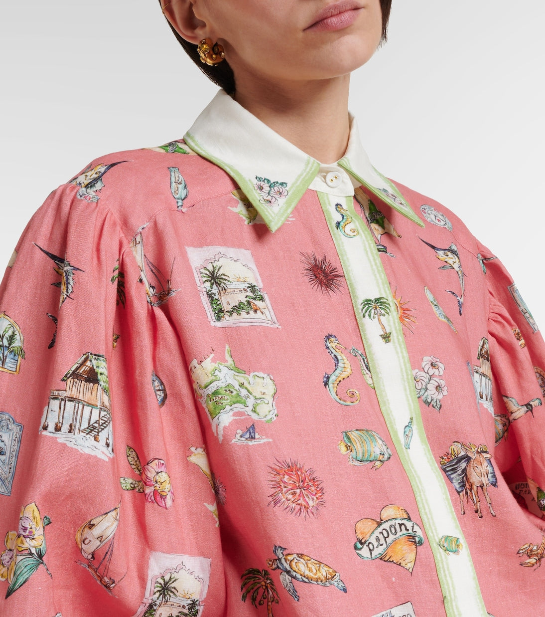 ALM Printed Linen Sea Life Shirt | Shorts | Green & Coral Pink Set