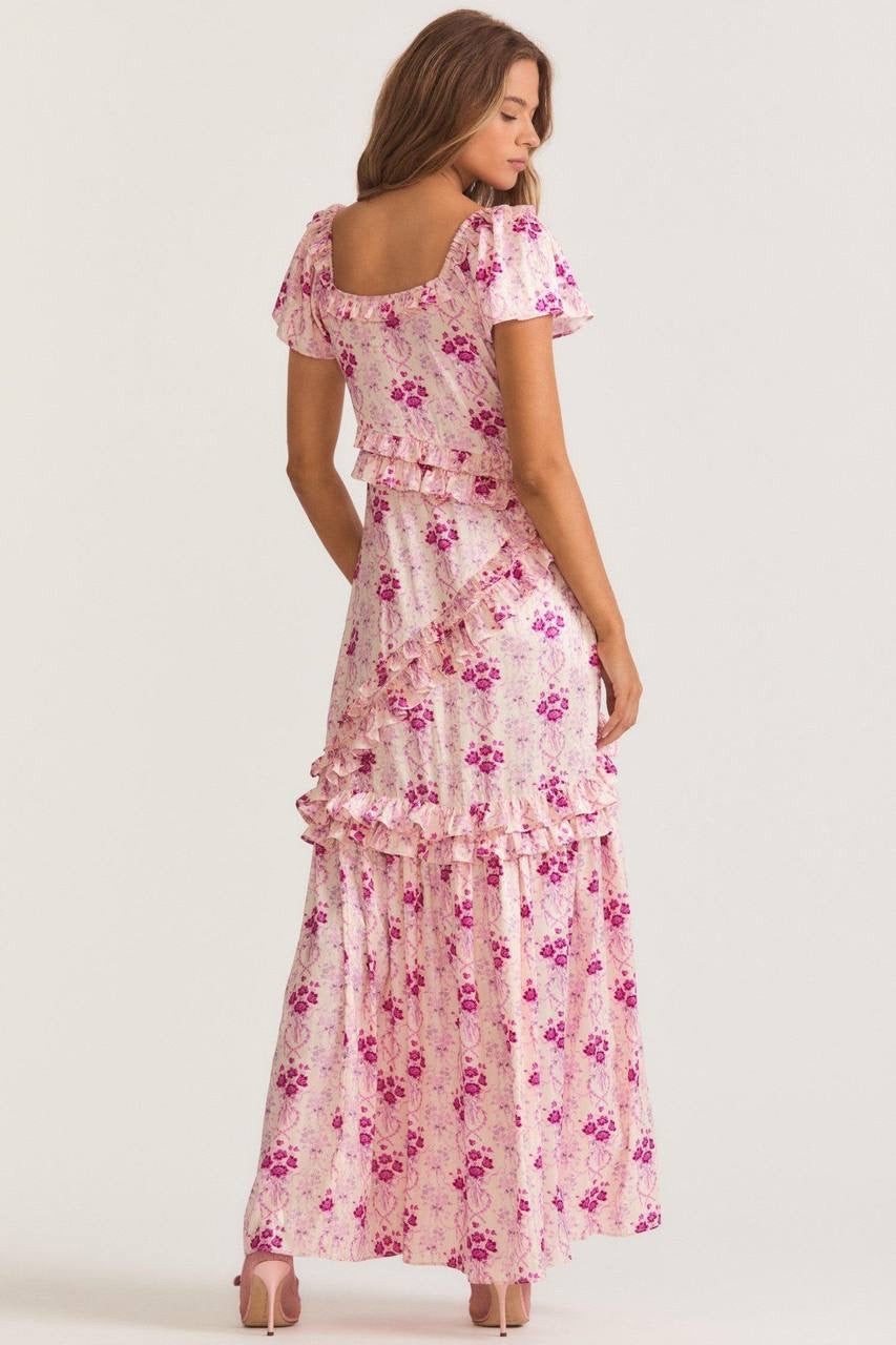 LSF Kenya Short Sleeve Ruffle Satin Maxi Dress