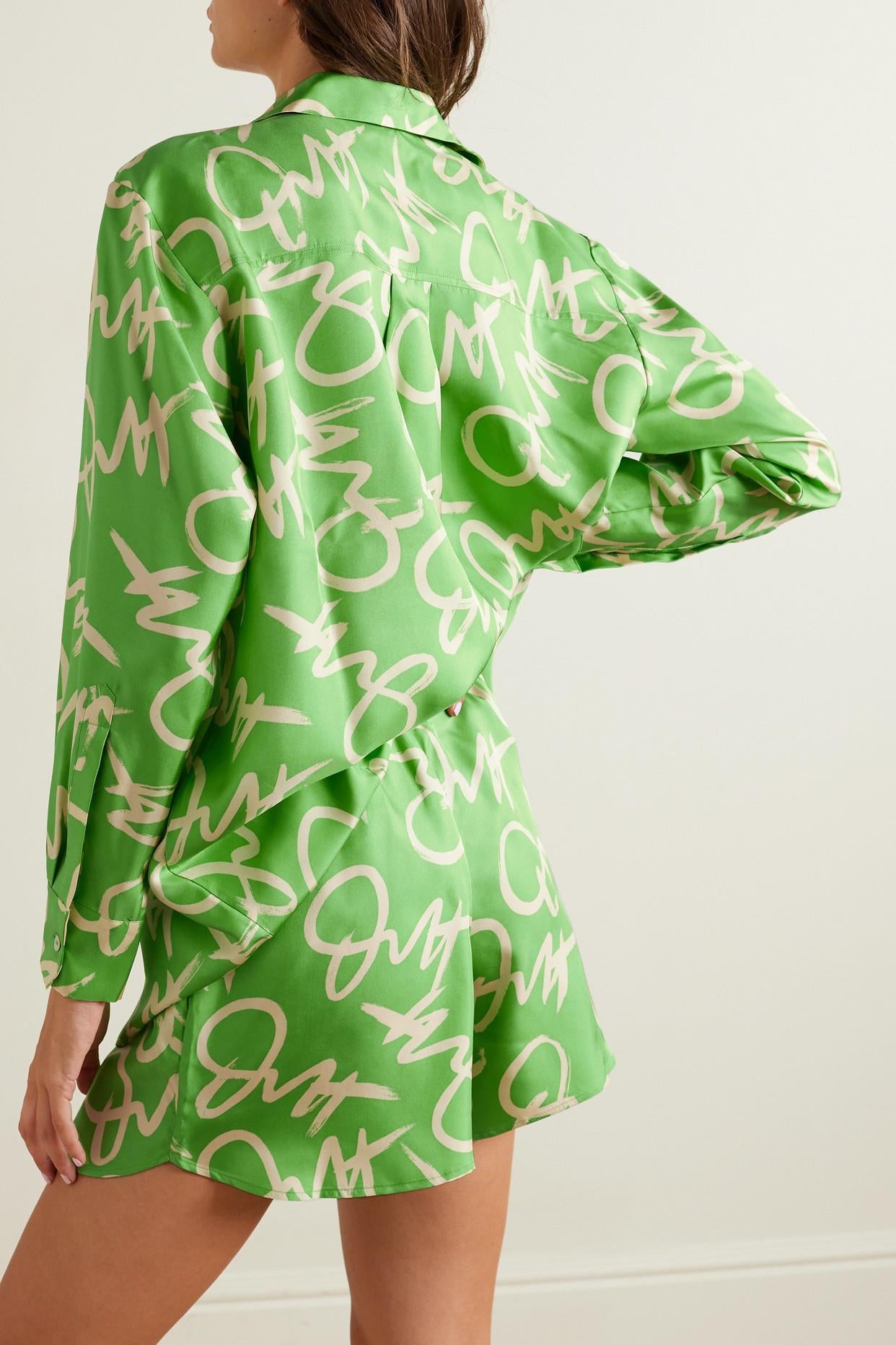 OVH Kick Print Green Signature Silk Twill Pyjamas Shirt Shorts Set