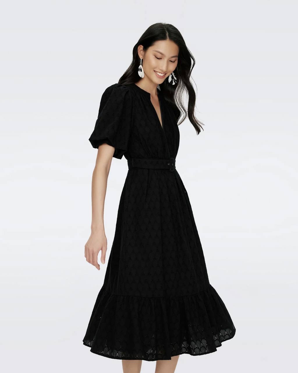 DVF Polina Cotton Midi Dress in Black