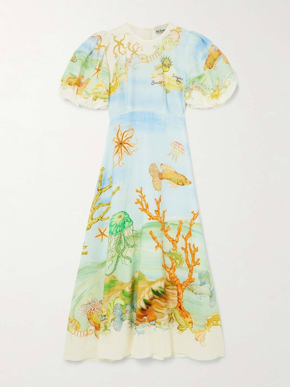 ALM Emerald Cove Printed Puff Sleeve Linen Midi Dress
