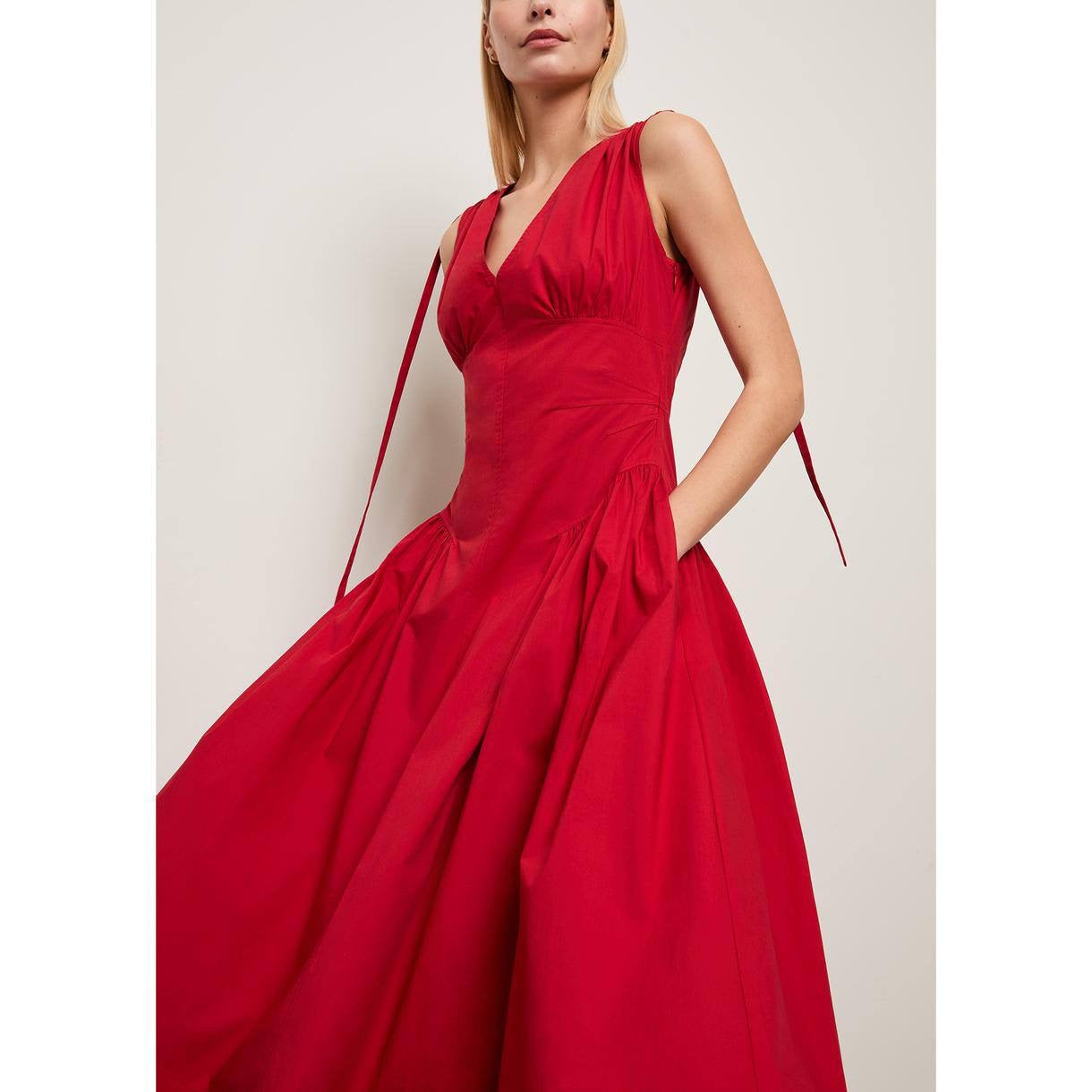 PS Clayton Cotton Poplin V Neck Drop Waist Midi Dress