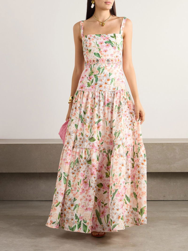 AB Lima Jardiniera Tiered Floral Linen Maxi Dress