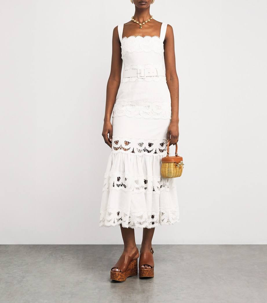 SP White Linen Lace Insert Belted Midi Dress