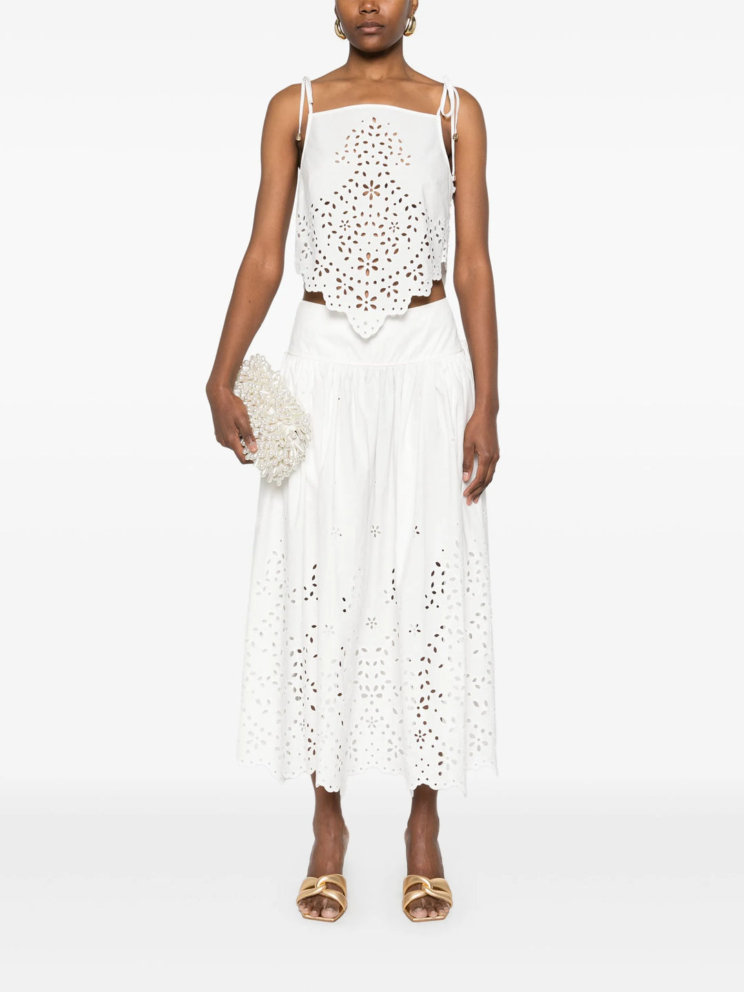 SP White Cotton Embroidered Cami Top | Midi Skirt | Set