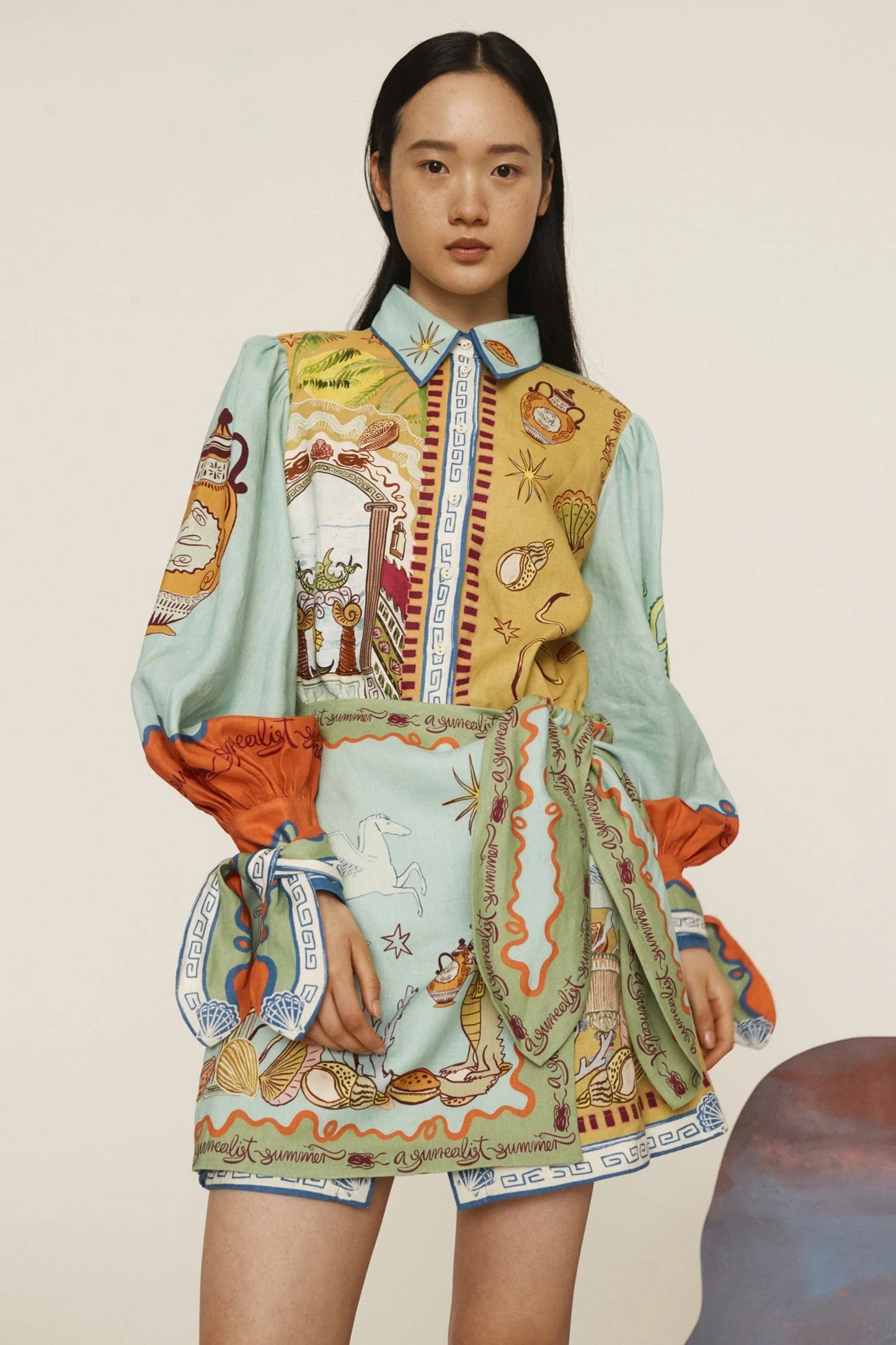 ALM Surrealist Summer Linen Shirtdress Mini Dress