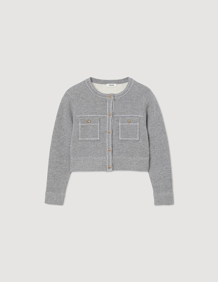 SD Grey Wool-Blend Cardigan With Contrast Stitching