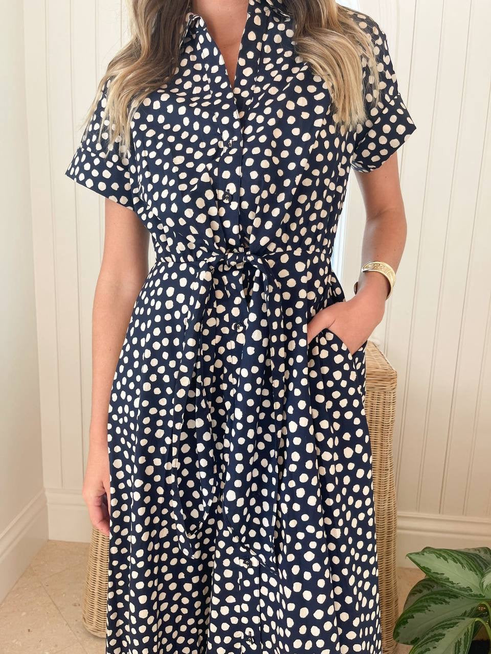 CC Asbury Cotton Midi Dress Abstract Navy Dot