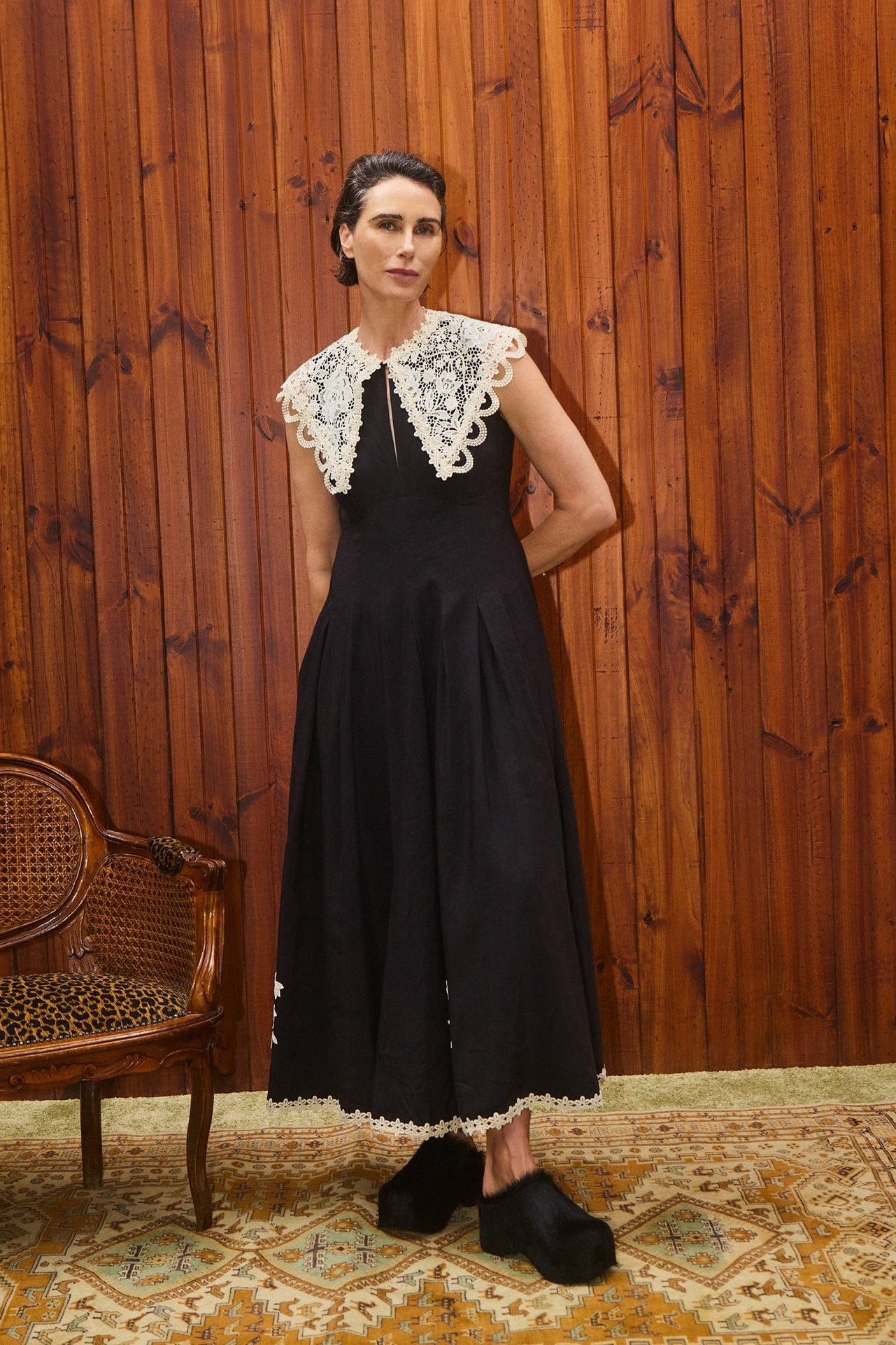 ALM Apollonia Lace Collar Viscose-Linen Midi Dress