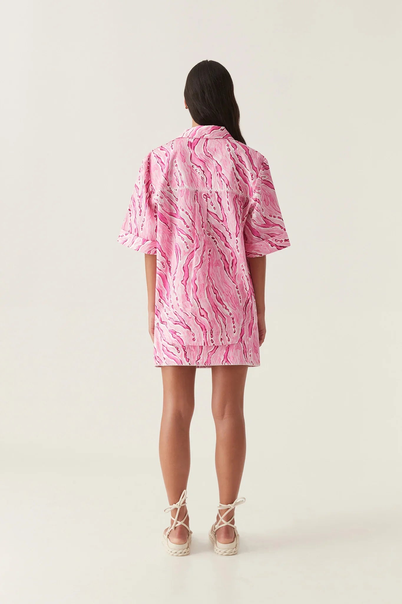AJ Blaze Stitch Oversized Cotton Shirt in Dappled Flame Pink