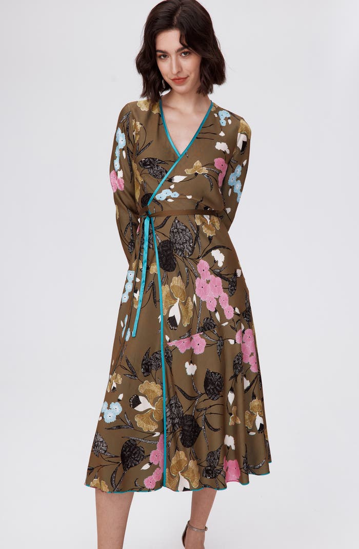DVF Anika Reversible Viscose Midi Dress in Festival Floral Teal and Olive