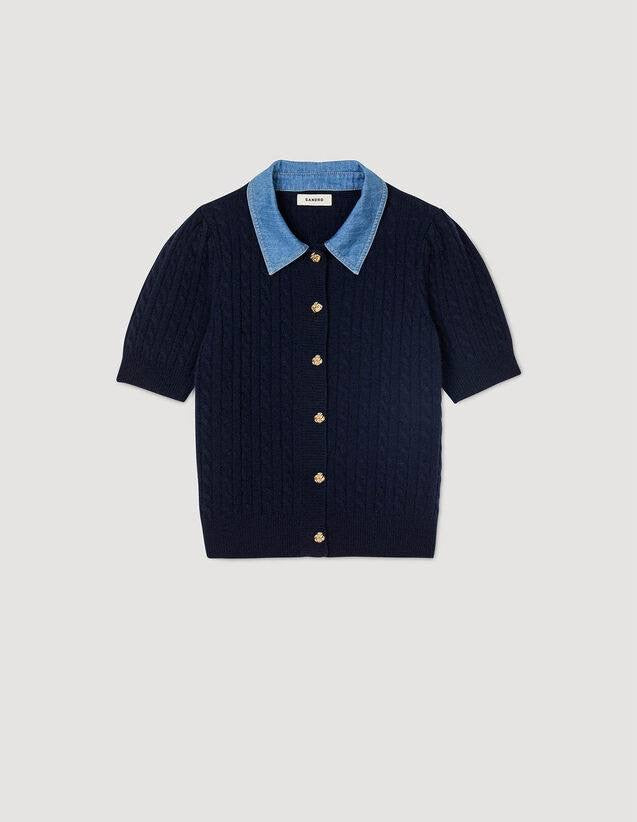 SD Mado Denim Collar Short-sleeved Wool-Cashmere Cable Knit Cardigan