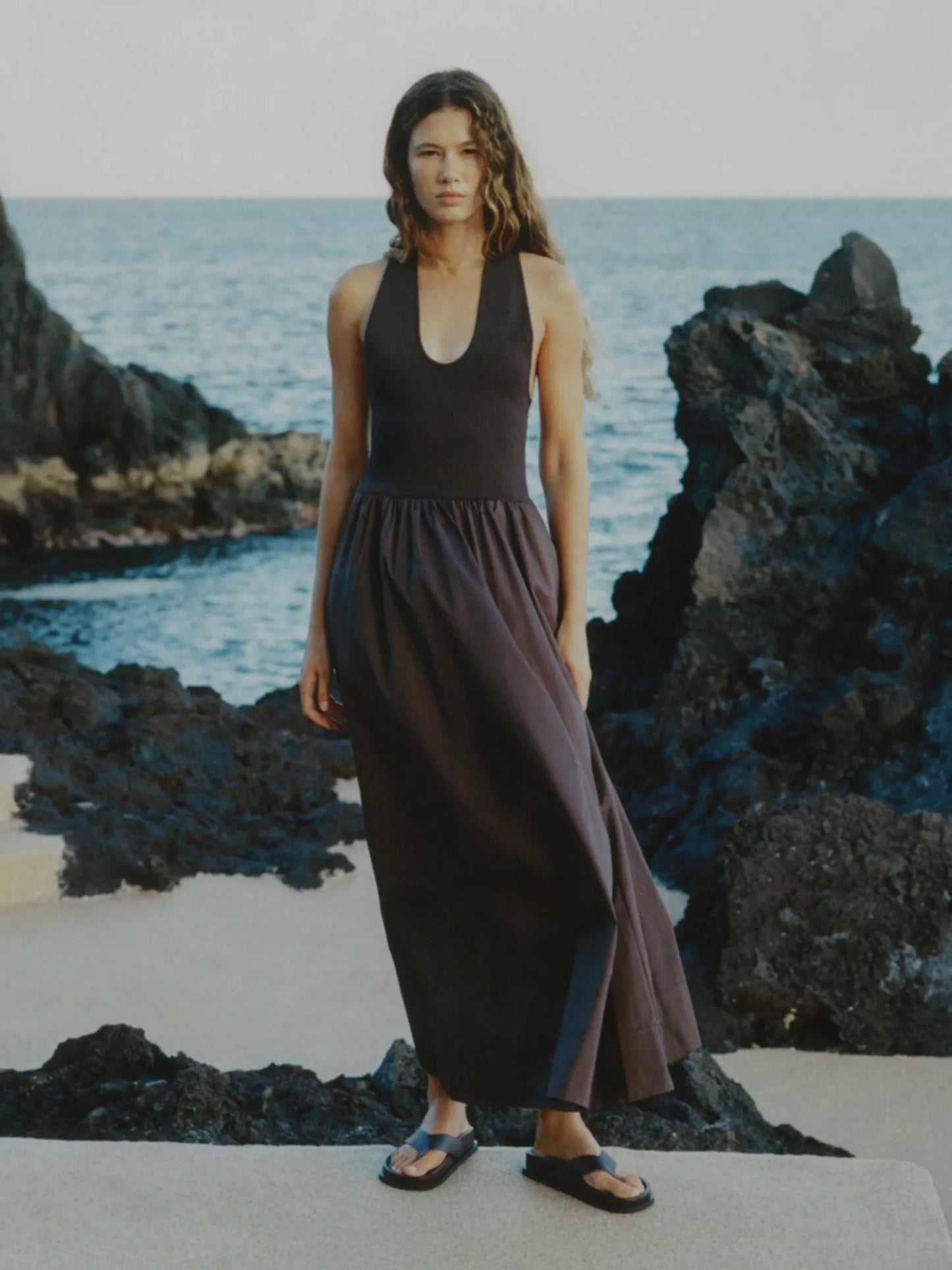 3 Colors! SA Plunge Neck Viscose-blend Knit & Cotton Midi Maxi Dress