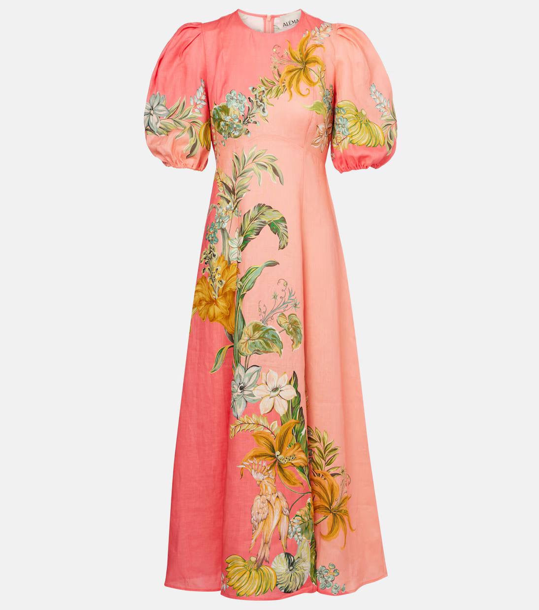 ALM Anika Linen Puff Sleeve Midi Dress