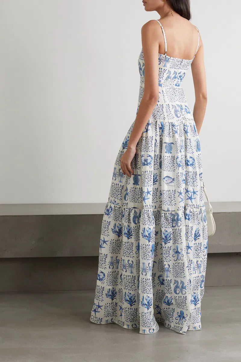 AB Lima Tiered Printed Linen Maxi Dress