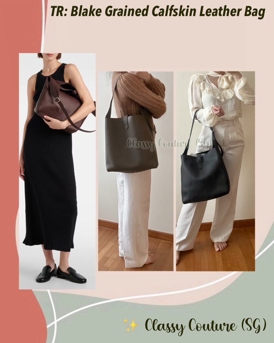 3 Colours! TR Blake Grained Calfskin Leather Bag