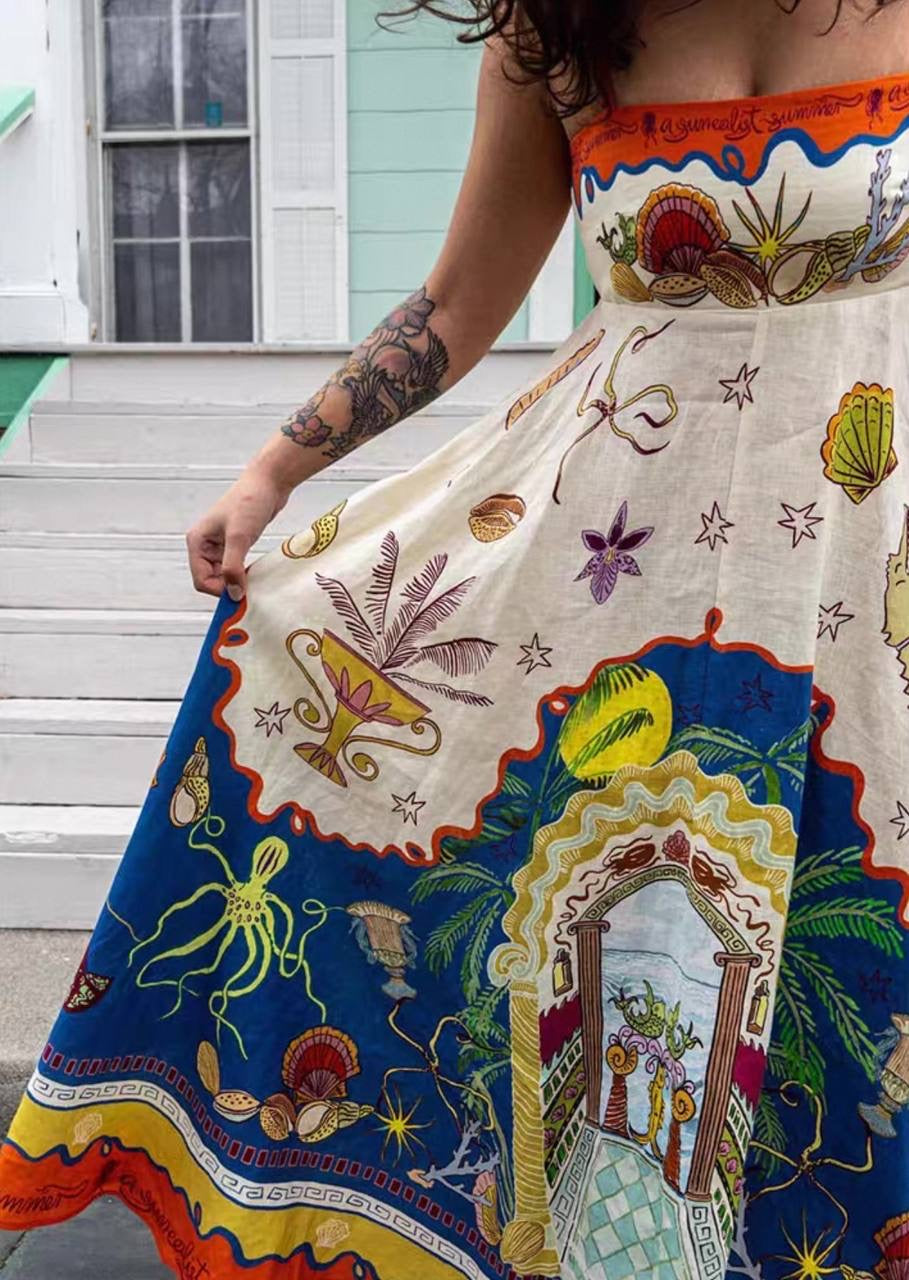 ALM Surrealist Summer Linen Midi Dress Sundress