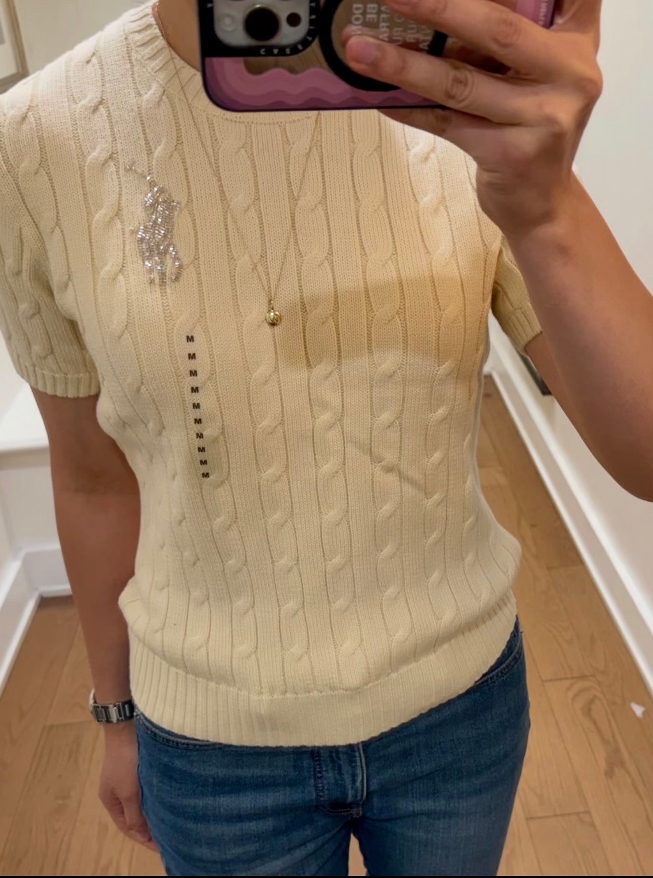 4 Colors! RL Beaded Big Pony Cable Short Sleeve Cotton Jumper Shirt