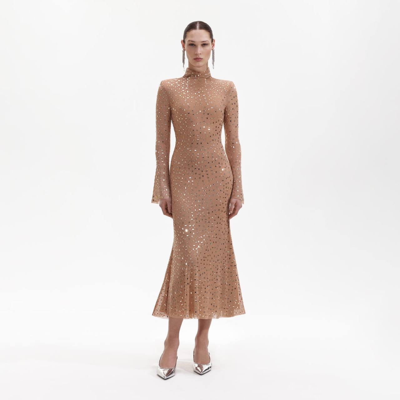SP Gold Square Rhinestone Mesh Midi Dress