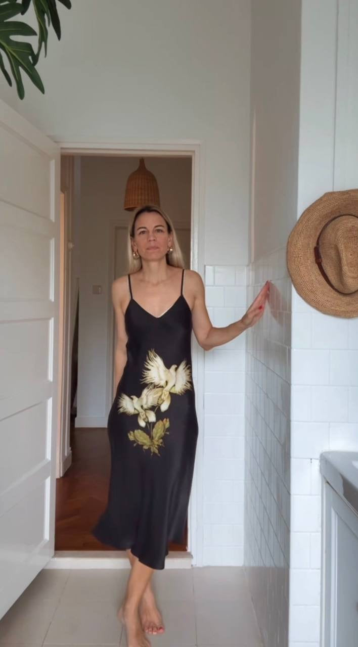 SL 90S Silk Slip Midi Dress in Egret Black Floral