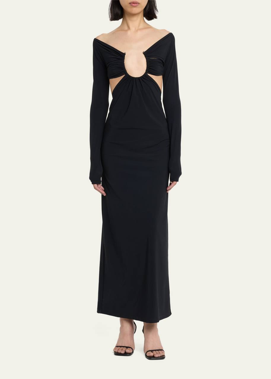 CE Odessa Ruched Prong Long Sleeve Cutout Jersey Maxi Dress