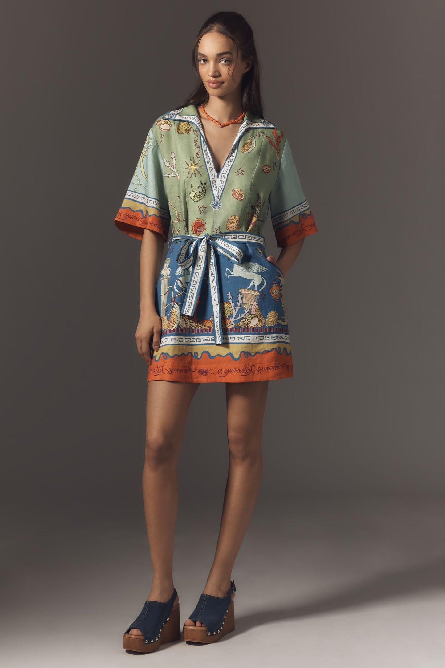 ALM Surrealist Summer V-neck Linen Mini Dress