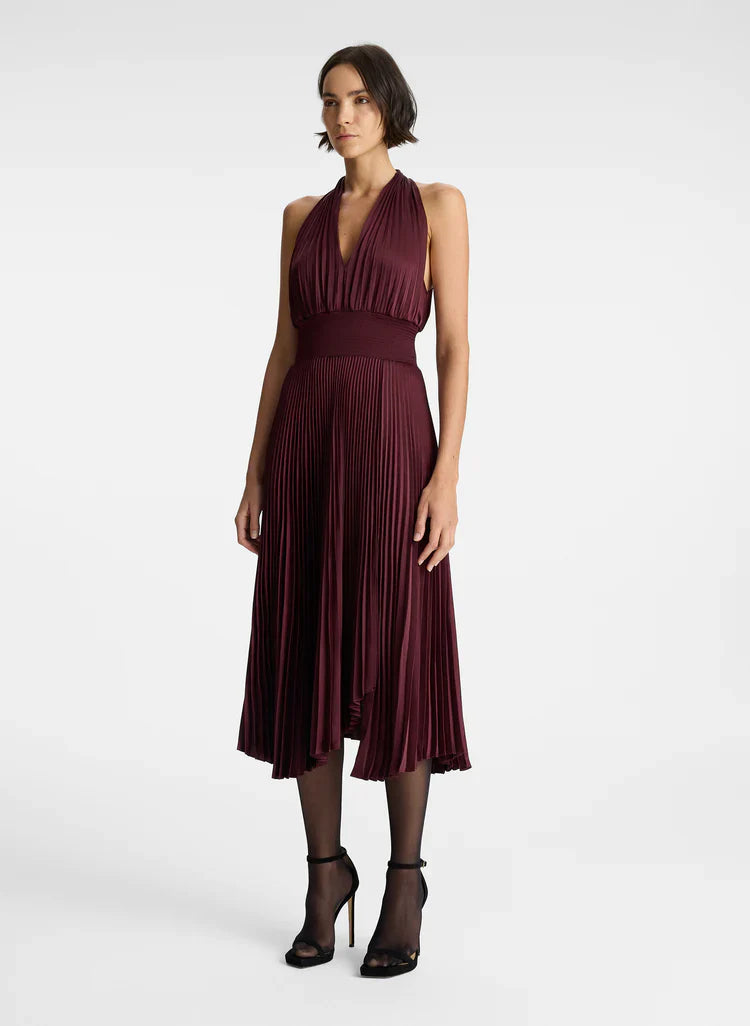 ALC Rose Satin Pleated Midi Dress in Chicory | Riviera