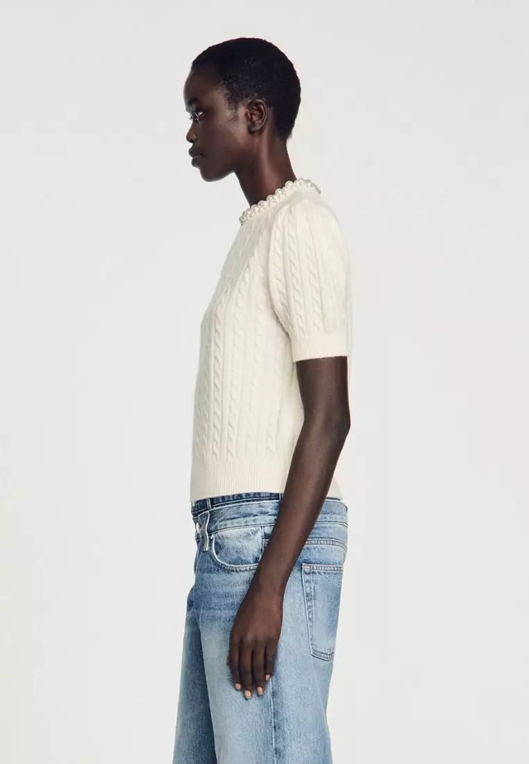 SD Madie Cable Knit Jumper with Faux Pearl Beads Embellished Top