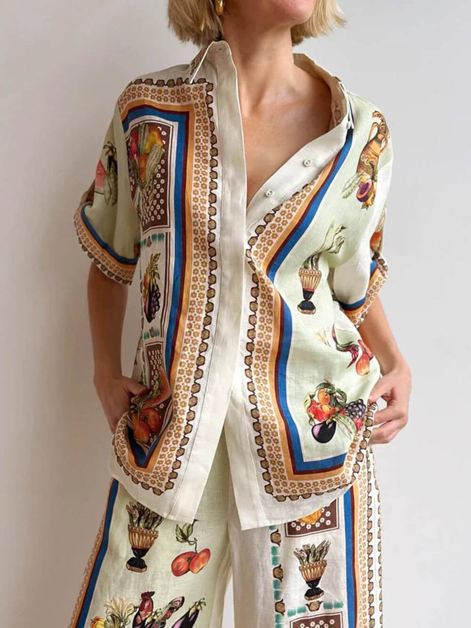 ALM Mercado Printed Linen Shirt | Pant | Wrap Mini Skirt | Set