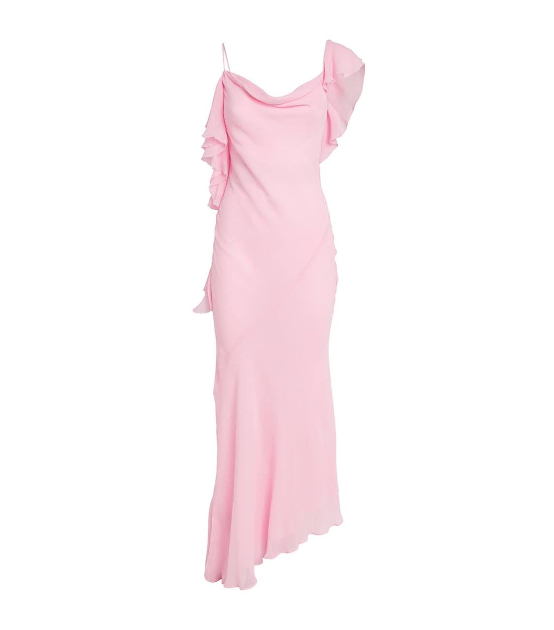 SP Pink Georgette Ruffled One-Shoulder Maxi Dress